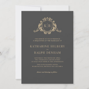 Gold Baroque Crest Dark Grey Monogram Wedding Invitation