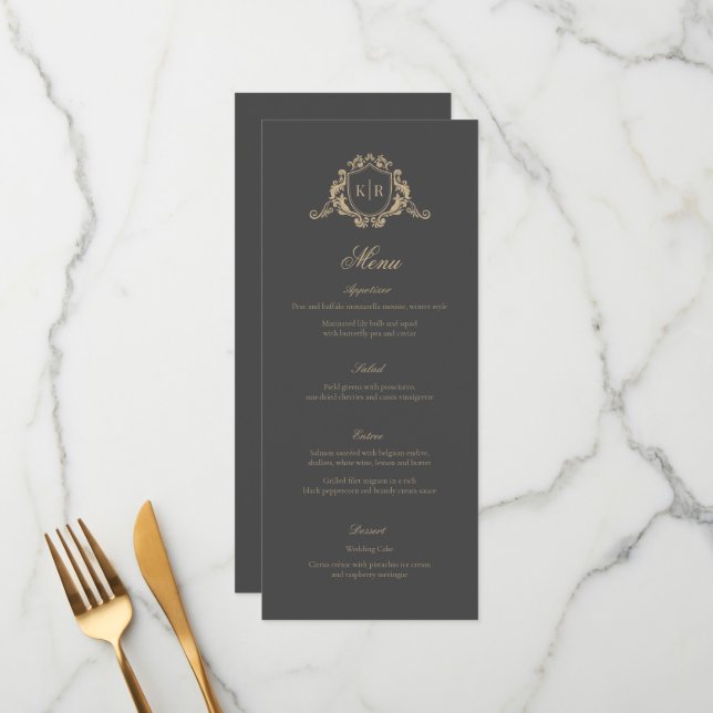 Gold Baroque Crest Dark Grey Monogram Wedding Menu (Front/Back In Situ)