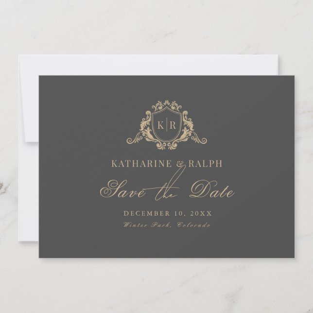 Gold Baroque Crest Monogram Grey Save the Date Invitation (Front)