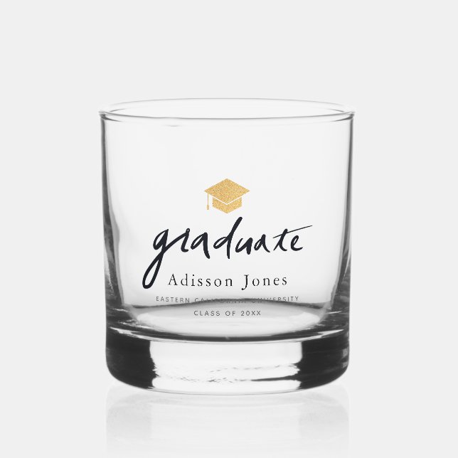 Gold Baroque Crest Monogram Name Whiskey Glass (Front)