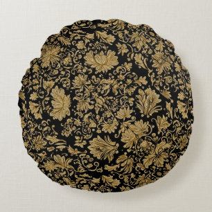 Gold Baroque Floral Allover on Black Round Cushion