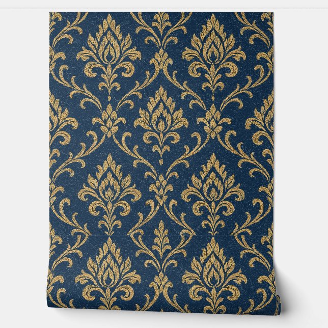 Gold Baroque Floral Dark Blue Wallpaper (Unrolling)