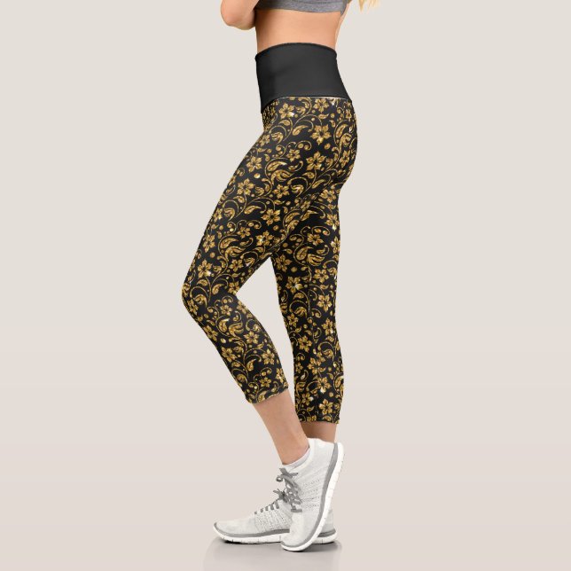 Gold Baroque Flowers on Black Capri Leggings (Left)