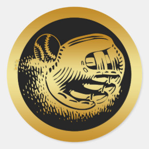 GOLD BASEBALL GLOVE AND BALL CLASSIC ROUND STICKER