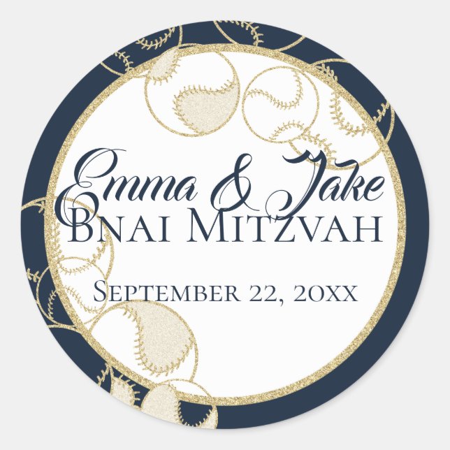 Gold Baseball Softball Sports Mitzvah Classic Round Sticker (Front)