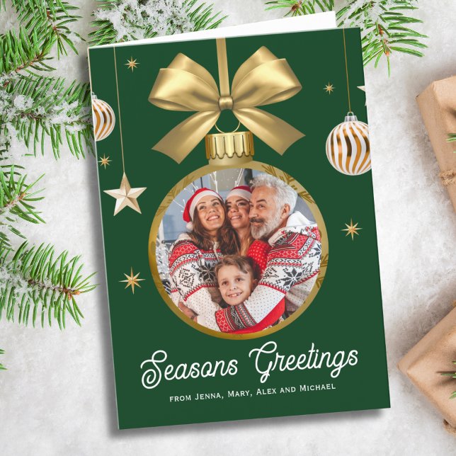 Gold Bauble Family Photo, green background Holiday Card (Creator Uploaded)
