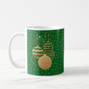 Gold baubles and stars on a green background coffee mug