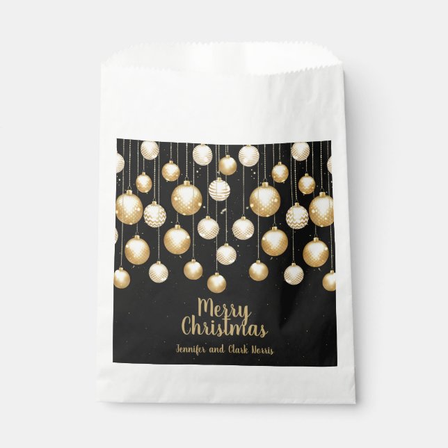 Gold Baubles Christmas Ornaments on Black Favour Bags (Front)