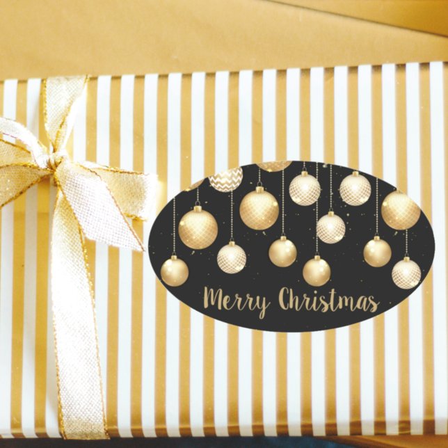 Gold Baubles Christmas Ornaments on Black Oval Sticker (Creator Uploaded)