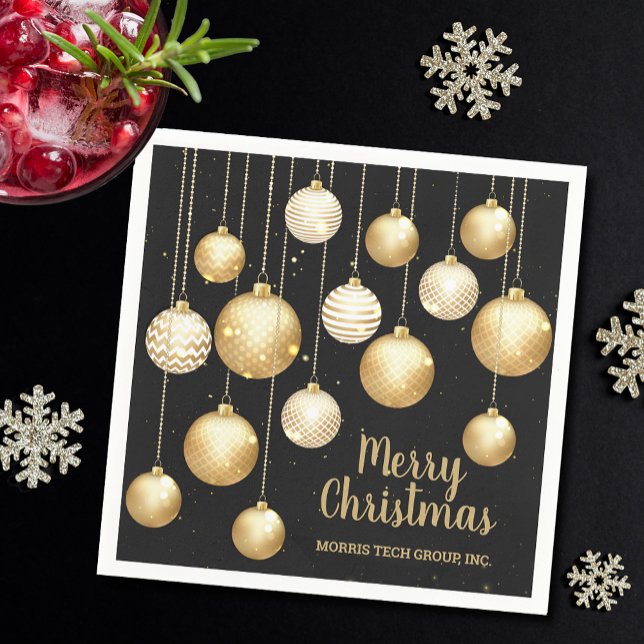 Gold Baubles Christmas Ornaments on Black Party Napkin (Gold and white Christmas tree ornaments on black holiday party cocktail napkins)