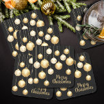 Gold Baubles Christmas Ornaments on Black Square Paper Coaster<br><div class="desc">Elegant gold and white Christmas tree ornaments on a black background, these heavy paper pulp coasters are perfect for a holiday dinner party, a corporate Christmas party, office party, holiday open house, wedding event, holidays hostess gift and more. To further customise, click the "Personalise" button, then the Customise further link...</div>