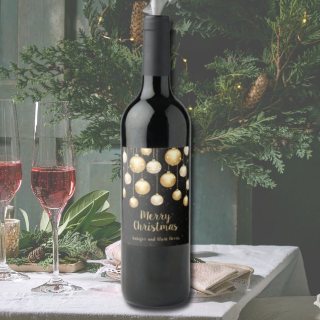 Gold Baubles Christmas Ornaments on Black Wine Label (Creator Uploaded)