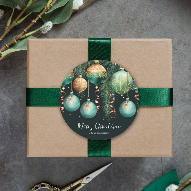 Gold Baubles Christmas Tree Classic Round Sticker (Gold and green Christmas tree Ornaments 3" round stickers)
