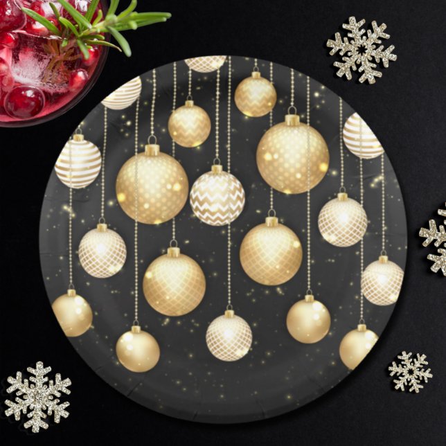 Gold Baubles Christmas Tree Ornaments Party Paper Plate (Creator Uploaded)