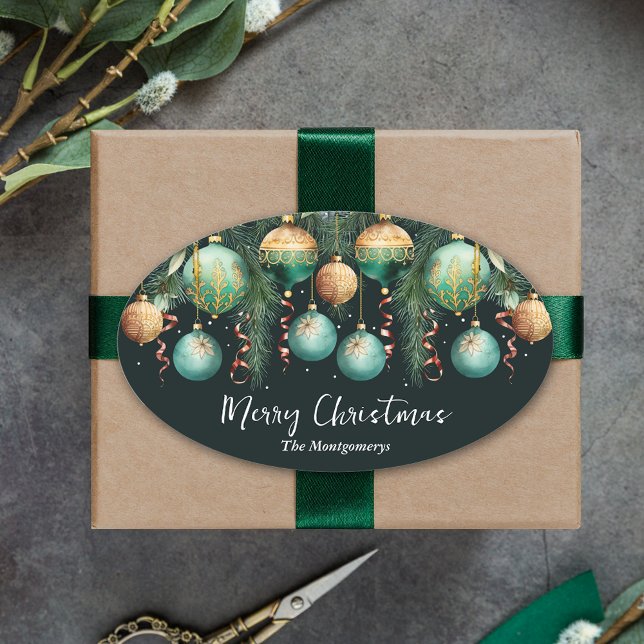 Gold Baubles Christmas Tree Oval Sticker (Gold and green tree ornaments Merry Christmas oval stickers 4.5" x 2.7")