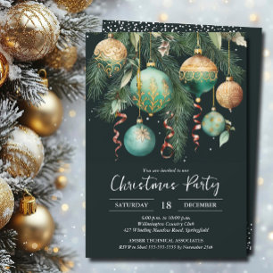 Gold Baubles Christmas Tree Party Invitation