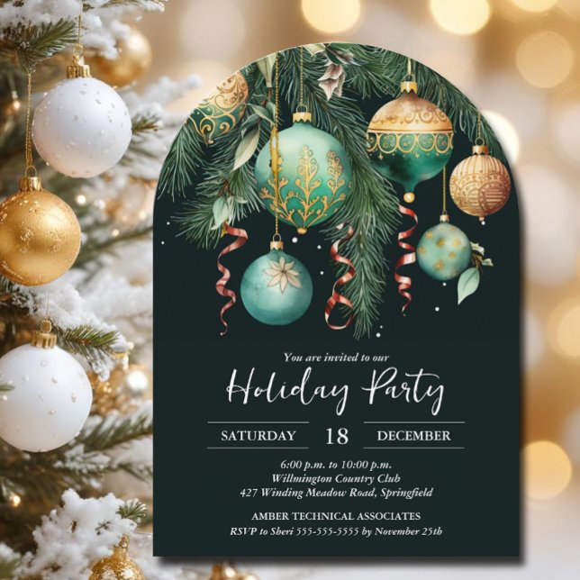 Gold Baubles Christmas Tree Party Invitation (Gold and green Christmas Tree Ornaments party invitations, PRINTED and/or INSTANT DOWNLOAD)