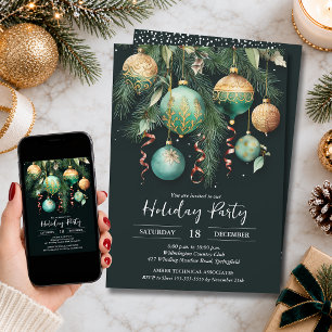 Gold Baubles Christmas Tree Party Invitation