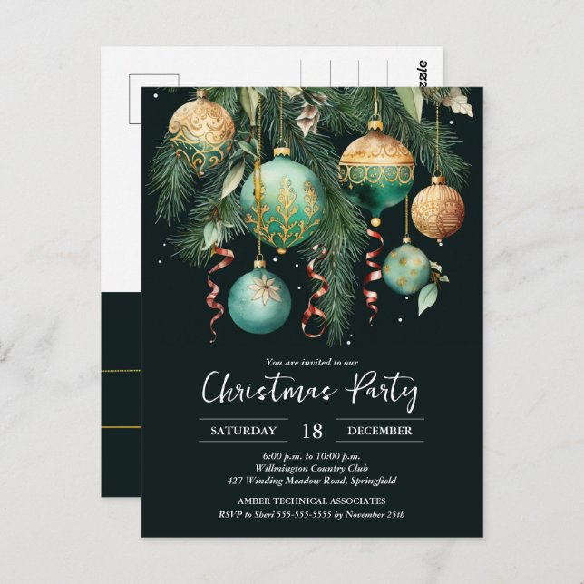 Gold Baubles Christmas Tree Party Invitation Postcard (Front/Back)