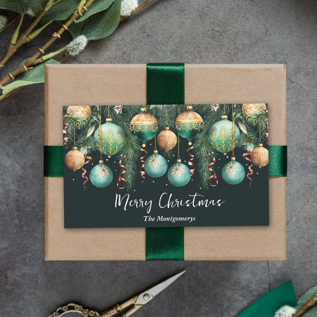 Gold Baubles Christmas Tree Rectangular Sticker (Gold and green tree ornaments Merry Christmas rectangle stickers 4.5" x 2.7")