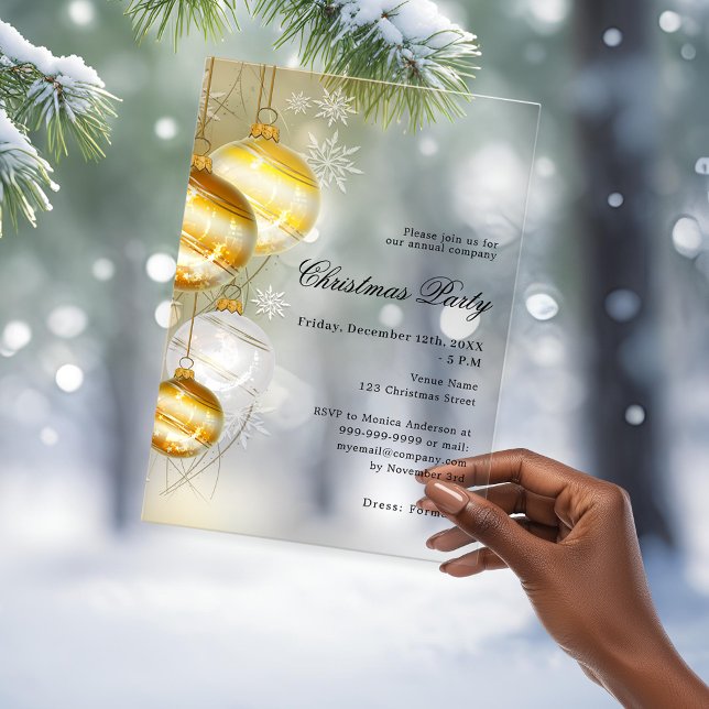 Gold baubles company frosted Christmas Party Acrylic Invitations (Creator Uploaded)