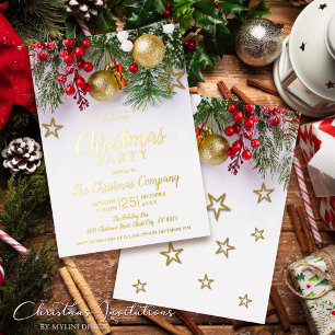 Gold Baubles Holly Berries Stars Christmas Party