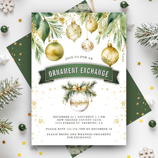 Gold Baubles Ornament Exchange Christmas Party Invitation (Creator Uploaded)