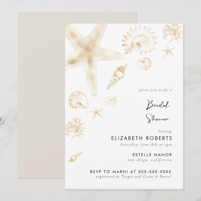 Gold Beach Wedding Bridal Brunch Shower Invitation (Front/Back)
