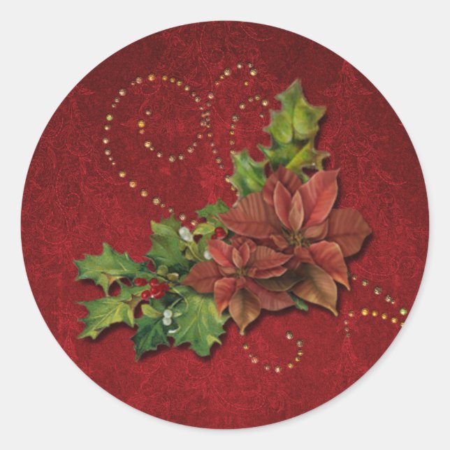 Gold Beaded Swirls and Christmas Floral Classic Round Sticker (Front)
