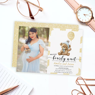 Gold bear balloon boy baby shower photo invitation