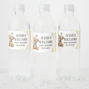 Gold bear with balloon baby shower bottle labels