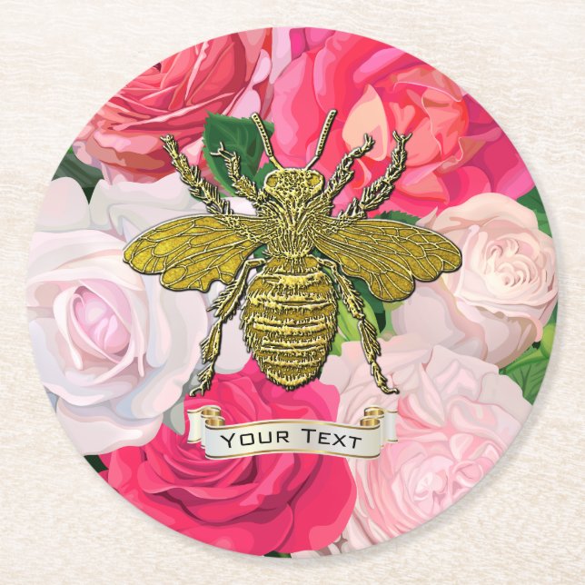 Gold Bee and Roses Personalise Round Paper Coaster (Front)