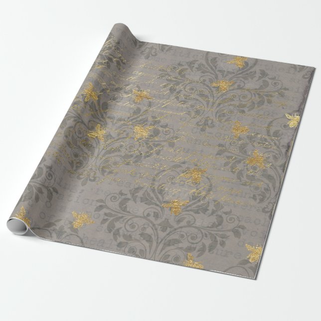 Gold Bee and Scroll Wrapping Paper (Unrolled)