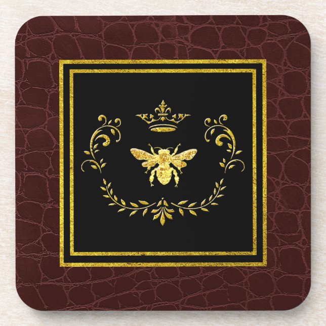 Gold Bee Crown Leather Pattern Coaster (Front)