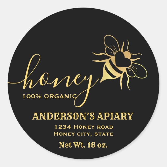 Gold bee logo script honey jar classic round sticker (Front)