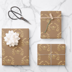 Gold Bee On Light Brown Wrapping Paper Sheet