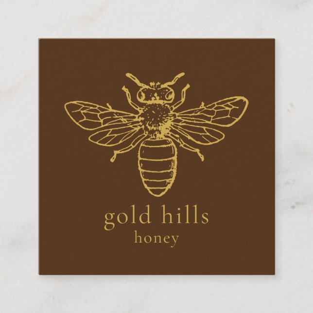 Gold Bee QR Code Brown Square Biz Card (Front)