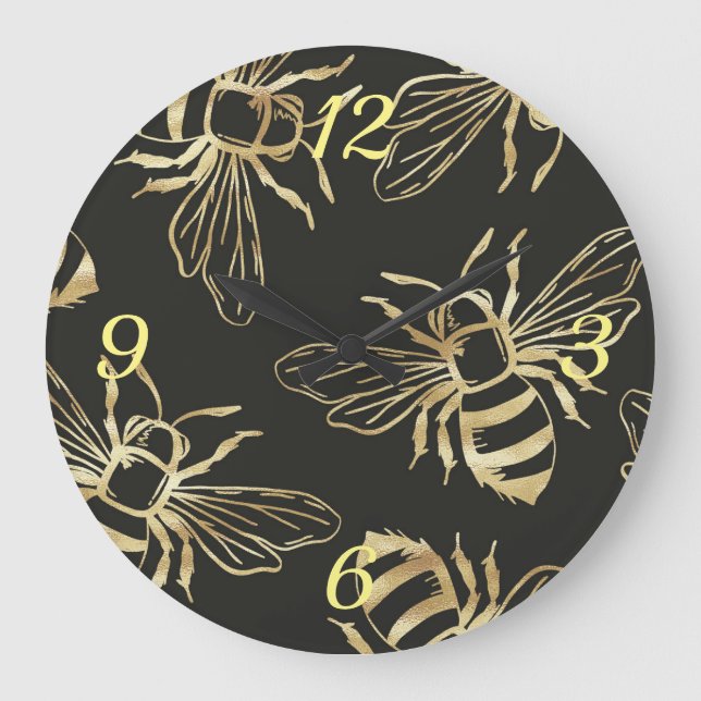 Gold Bees, on a Black Background. Large Clock (Front)