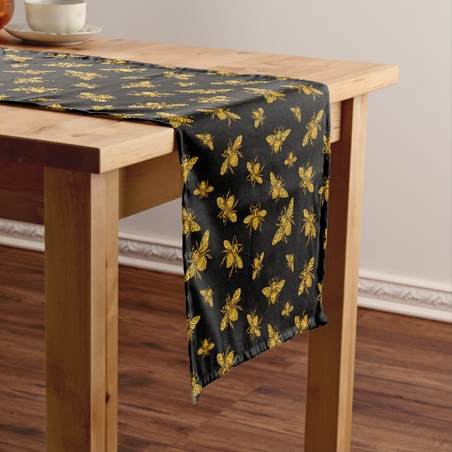Gold Bees on Black Short Table Runner (In Situ)