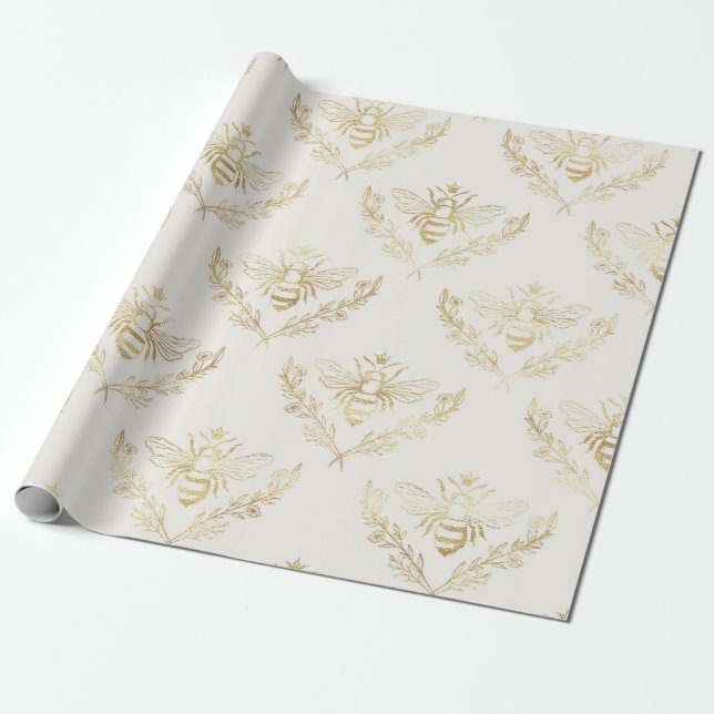 Gold Bees on Cream. Wrapping Paper (Unrolled)