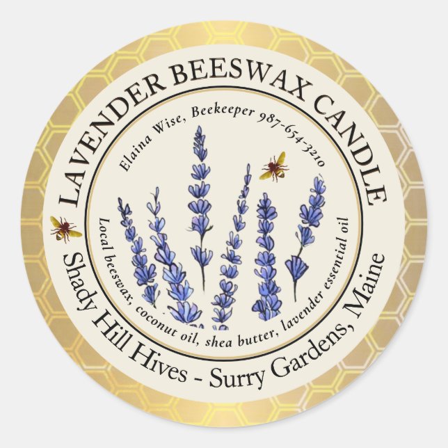 Gold Beeswax Candle Label Honeycomb Bees Lavender  (Front)