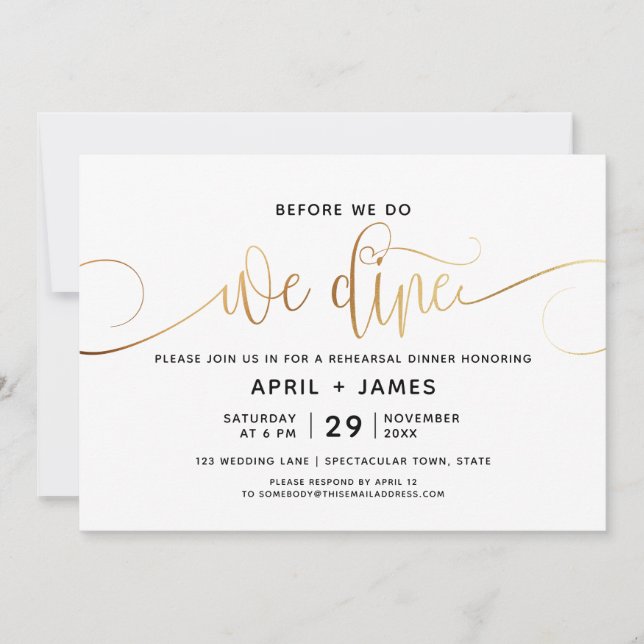 Gold Before We Do We Dine Rehearsal Dinner Invitation (Front)