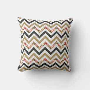 Gold, beige, black and pink chevron pattern pillow