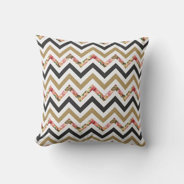 Gold, beige, black and pink chevron pattern pillow (Front)