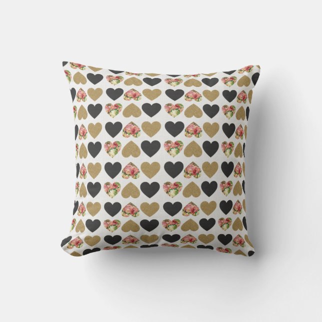Gold, beige, black and pink heart pattern pillow (Front)