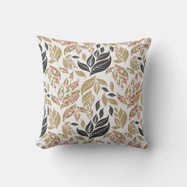Gold, beige, black and pink leafy pattern pillow (Front)