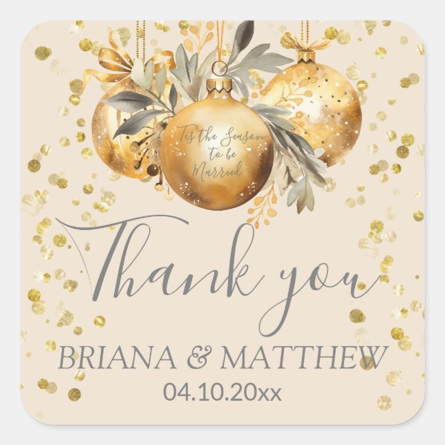 Gold Beige Christmas Wedding Favour Square Sticker (Front)