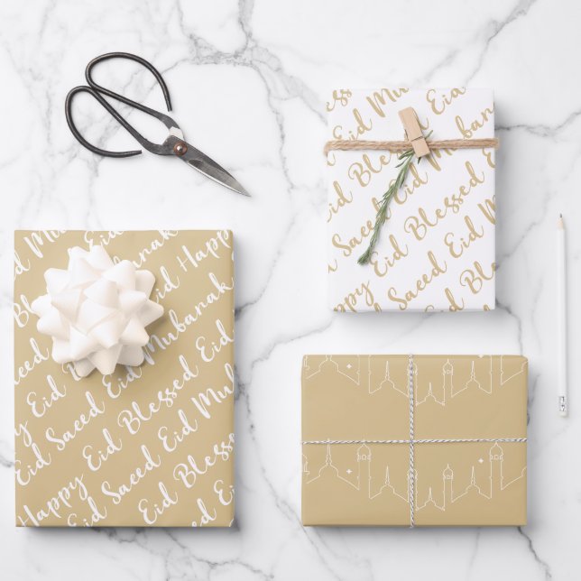 Gold Beige Eid Calligraphy Masjid Pattern Design Wrapping Paper Sheet (Front)