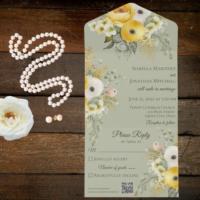 Gold & Beige Floral on Sage Green QR Code All In One Invitation (Creator Uploaded)