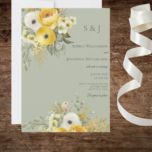 Gold & Beige Floral on Sage Wedding Invitation